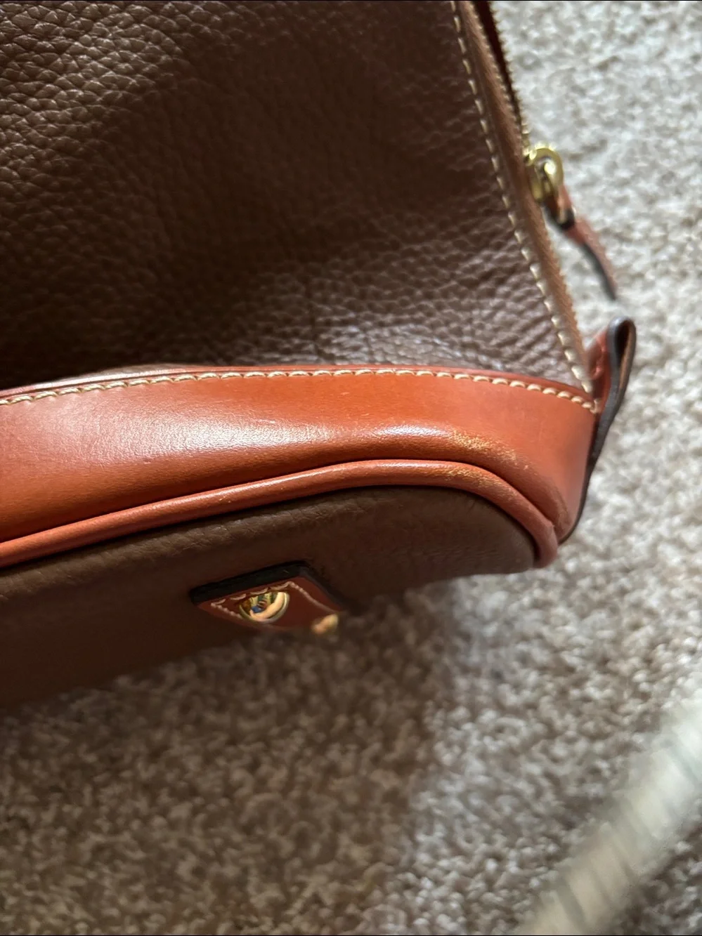 Dooney & Bourke Brown Pebbled Leather Dome Satchel with Tan Trim
